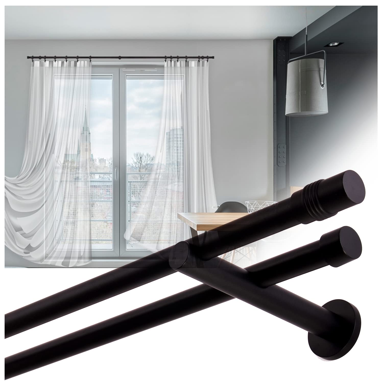 Tringle à Rideaux Double Extensible Métal - 76 à 149cm - Noir - Pour Rideaux à Œillets