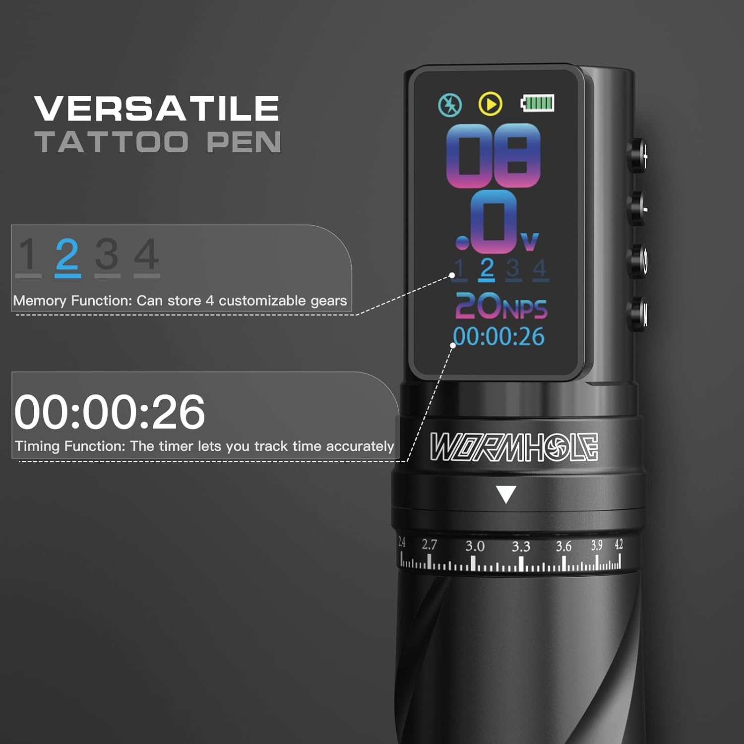 Wormhole Tattoo Gun Kit Tattoo Kit with 7 Adjustable Stroke 2,300mAh Power Wireless Tattoo Machine with Normal/Jump-Start/Dot Working Mode with LED Digital Display for Artist WTK381