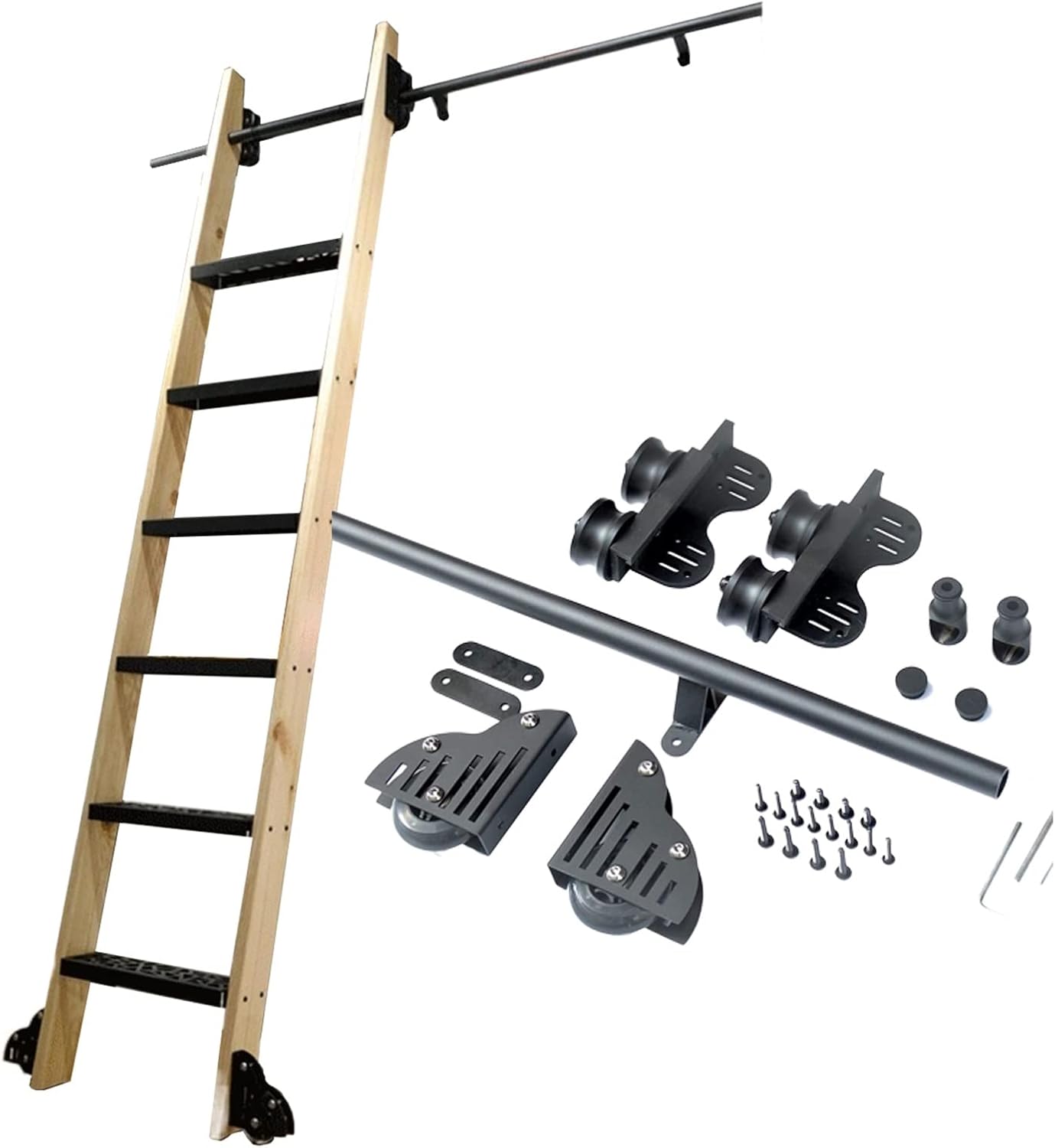 Black Rolling Library Hardware, Sliding Ladder Library Rolling Ladder Hardware Library Sliding Barn Ladder Door Kit Round Track/Rail/3.3Ft/100Cm Track Kit,16Ft/500Cm Track Kit