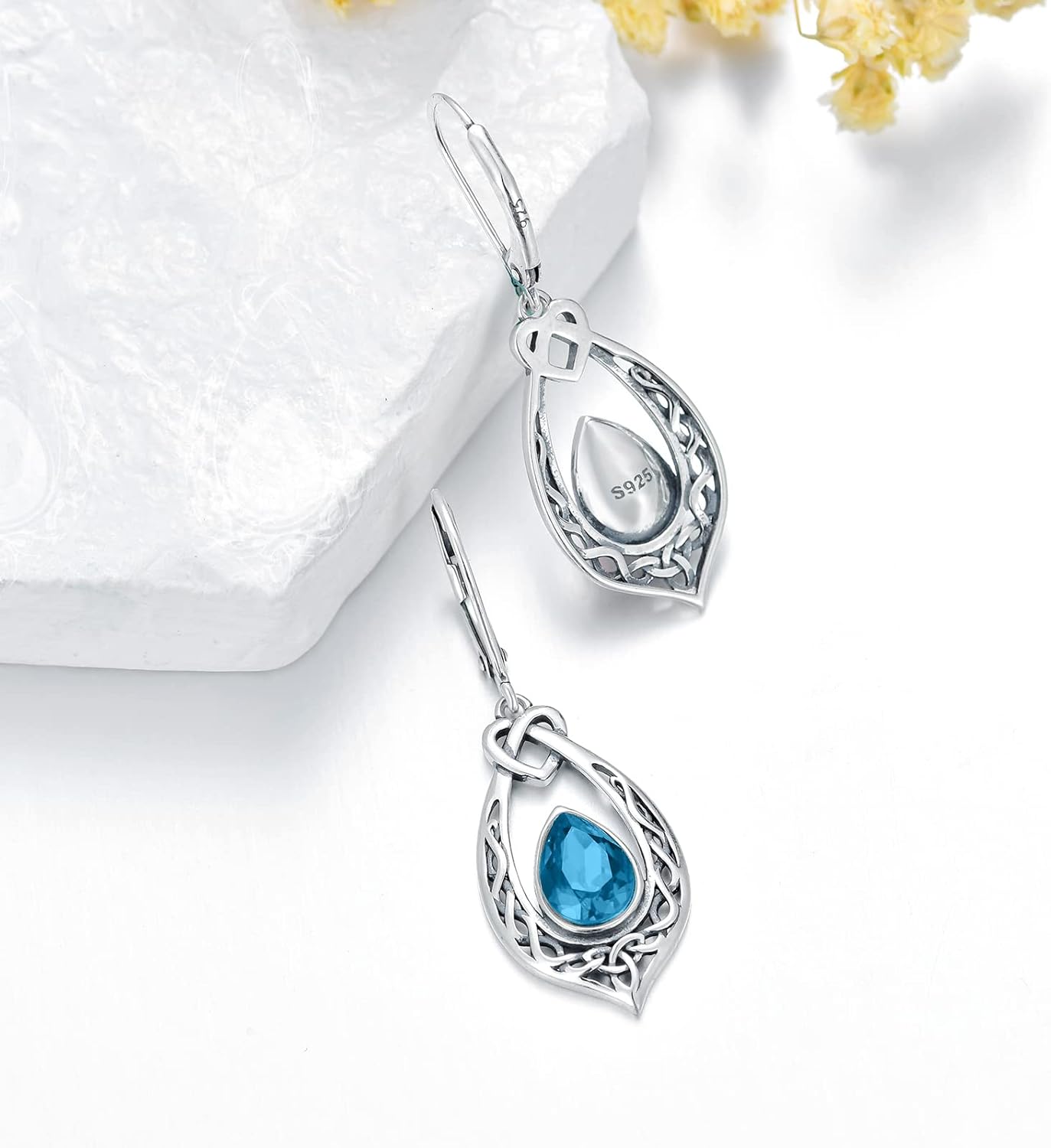 Celtic Knot Dangle Earrings 925 Sterling Silver Oxidized Vintage Drop Leverback Earrings with 8 * 6mm Simulated Birthstone Crystal Christmas Jewelry Gifts for Women (Gift Box) - Image 4