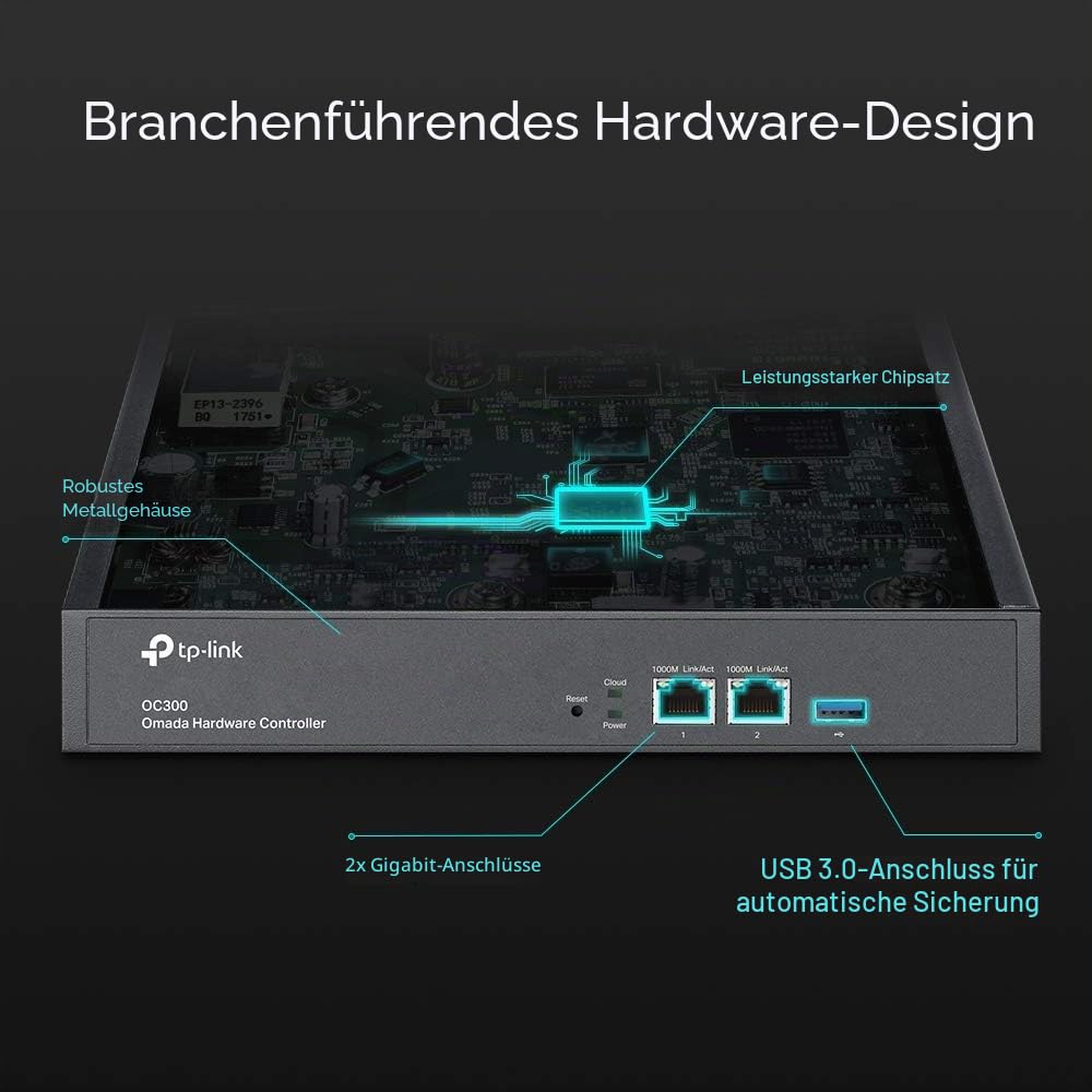 TP-Link Omada OC300 Hardware-Controller, SDN-integriert, 2 × Gigabit-Port + 1 × USB 3.0-Port, Verwaltung von bis zu 500 Geräten, Cloud-Zugriff und Omada-App