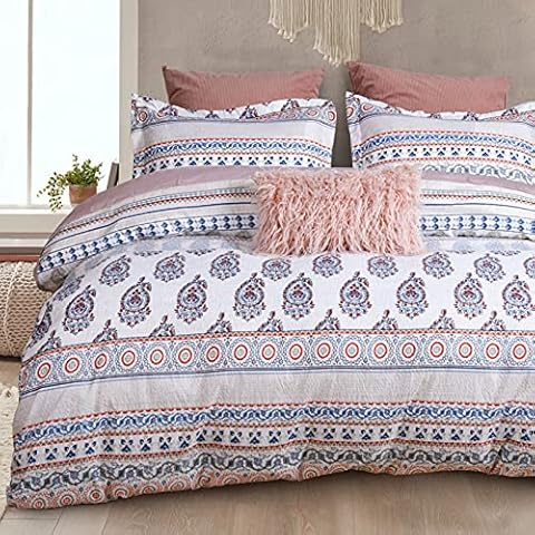 David's Home Boho Striped Duvet Cover Set Queen Size-Bohemian Floral Comforter Cover with Zipper Closure-Seersucker Mandala Bedding Set-Super Soft-3 PCS Cover
