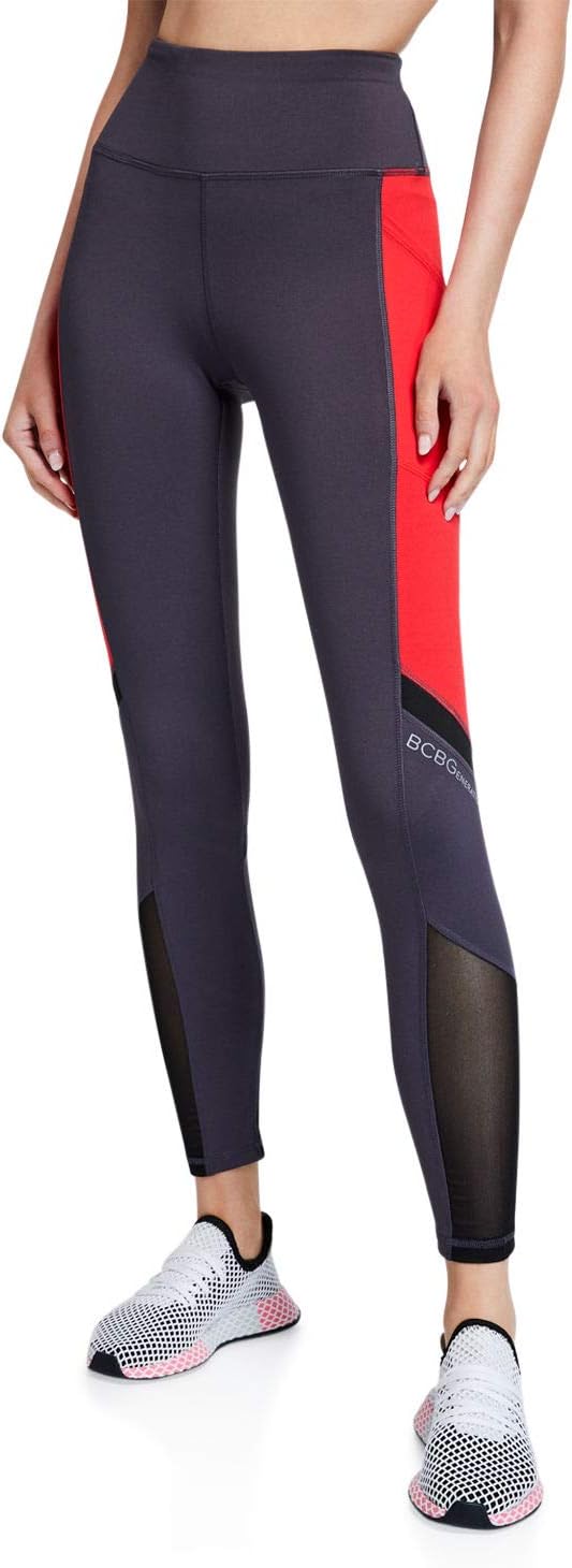 BCBGeneration High Waist Color Block Workout and Yoga Legging for Women with Pocket (Grey/Red, X-Large)