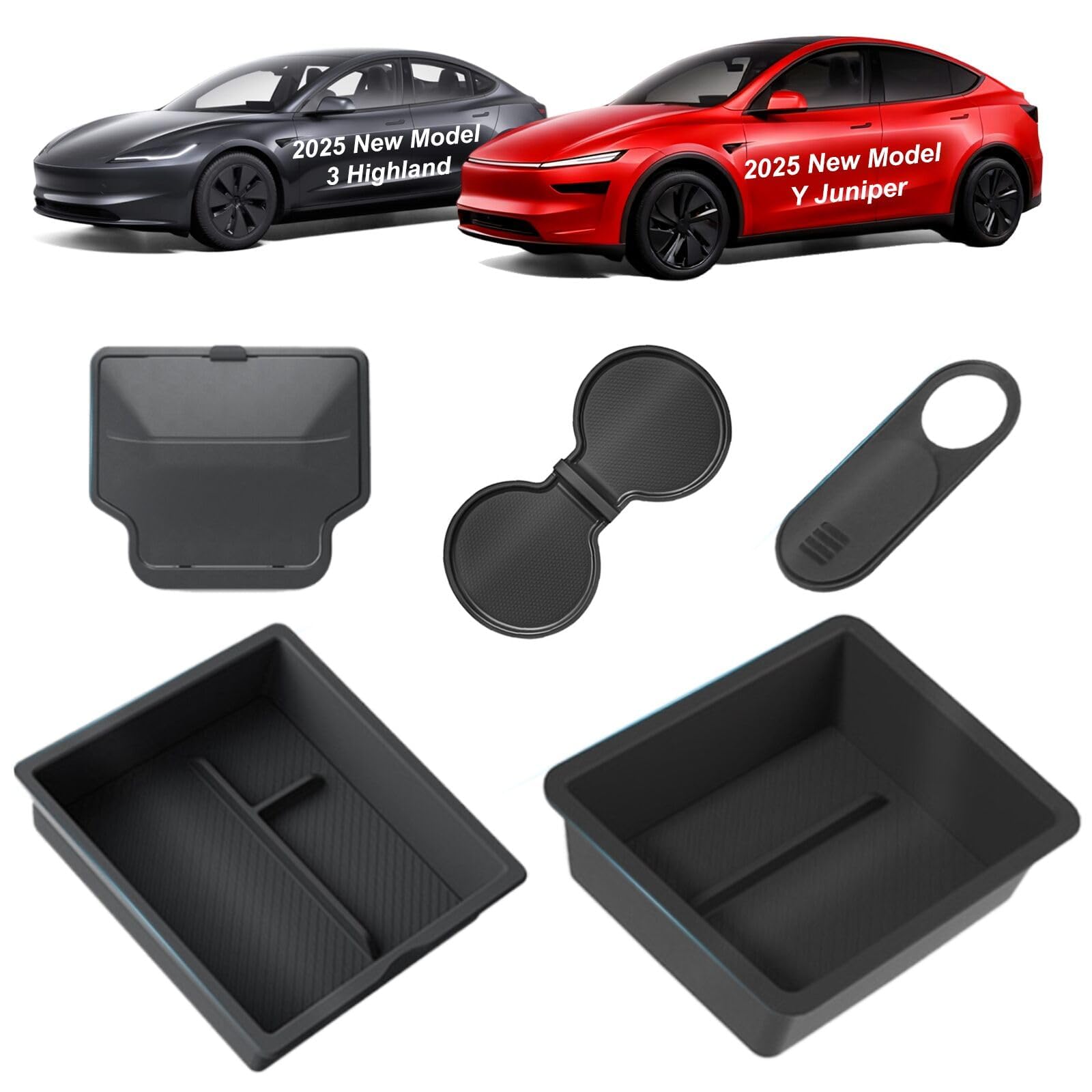 Eonflux Upgraded Center Console Organizer Tray 5PCS for Tesla Model Y Juniper 2025-2026 Accessories, Hidden Storage Box, Cup Holder Insert & Armrest Drawer, Compatible with Model 3 Highland 2025