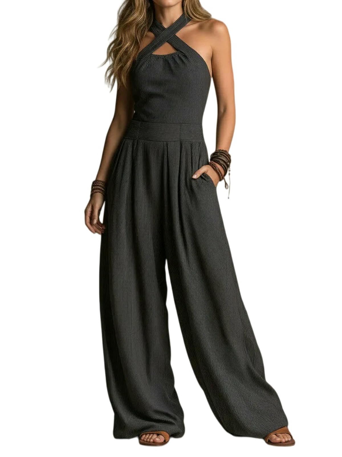 Mono De Verano Mono Casual De Verano con Cuello Cruzado, Cintura Ajustada Y Espalda Descubierta, Perneras Anchas.