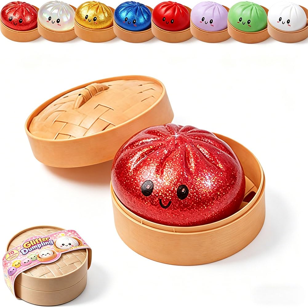 Dumpling Squishy, Squishy Dumpling Toy, Glitter Dumplings Squishiest Toy with Steamer Box, Stress & Anxiety Relief Toys for Kids & Adults Non-Edible (Purple) — view 9