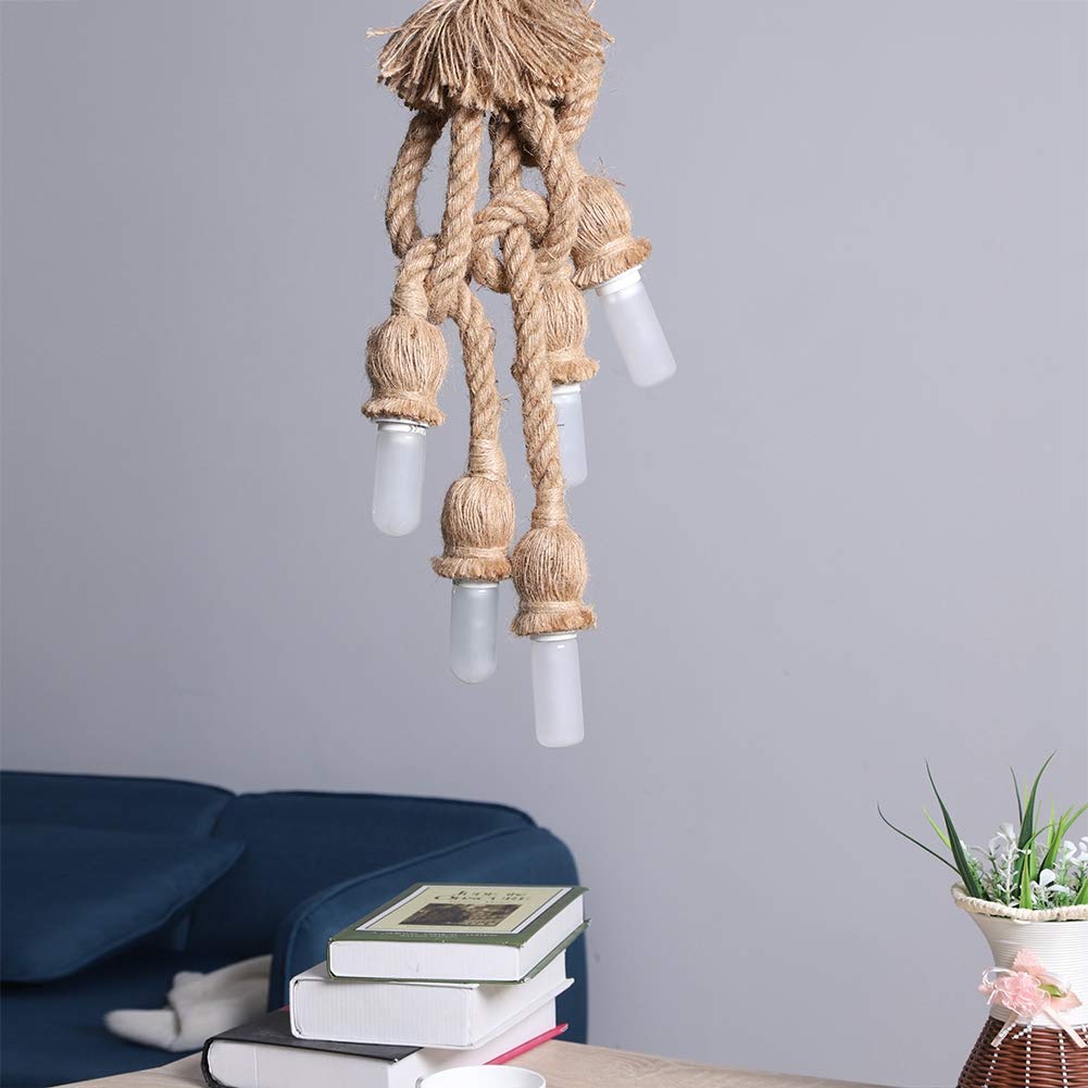 Lampadario A Sospensione Vintage 5 Luci In Corda Di Canapa – E27 – Ideale Per Agriturismo, Ristorante E Camera Da Letto