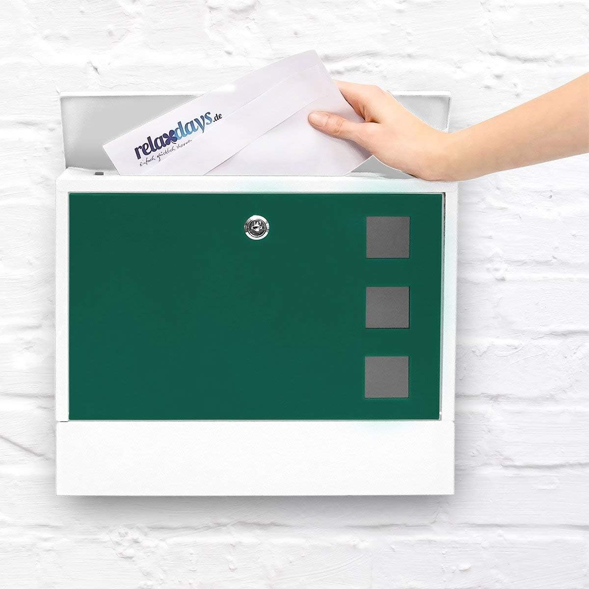 Lowest Price Relaxdays Modern Coloured Mailbox Letterbox Lockable with Two Keys & Newspaper Slot, White/Green