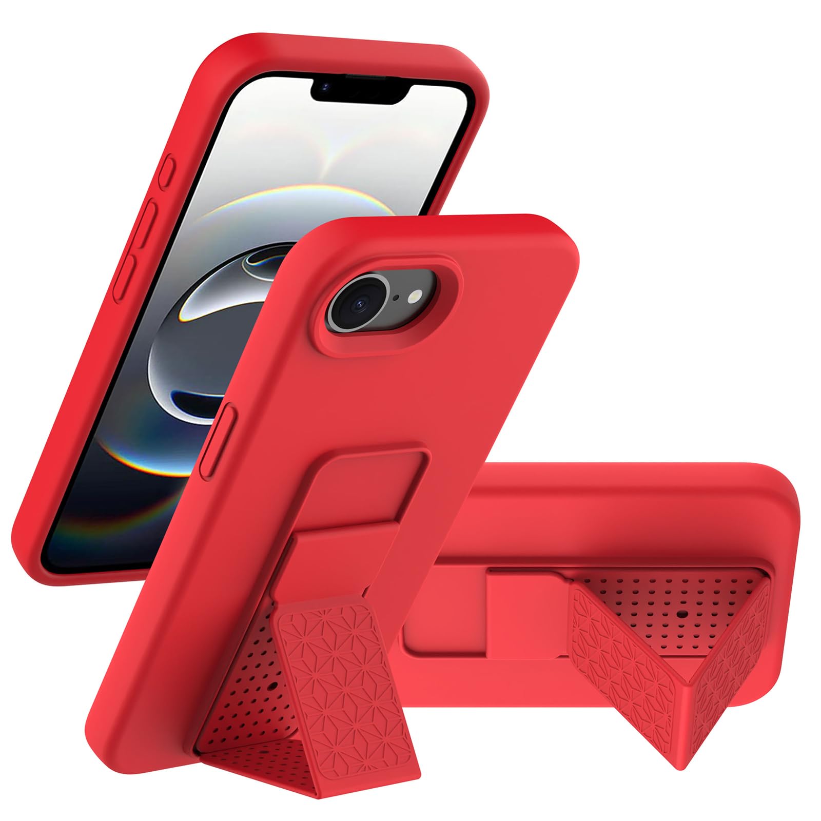 LAUDTEC - Funda de silicona compatible con iPhone 16E, soporte vertical y horizontal, correa de mano de metal, funda flexible de silicona líquida suave para iPhone 16E (rojo)