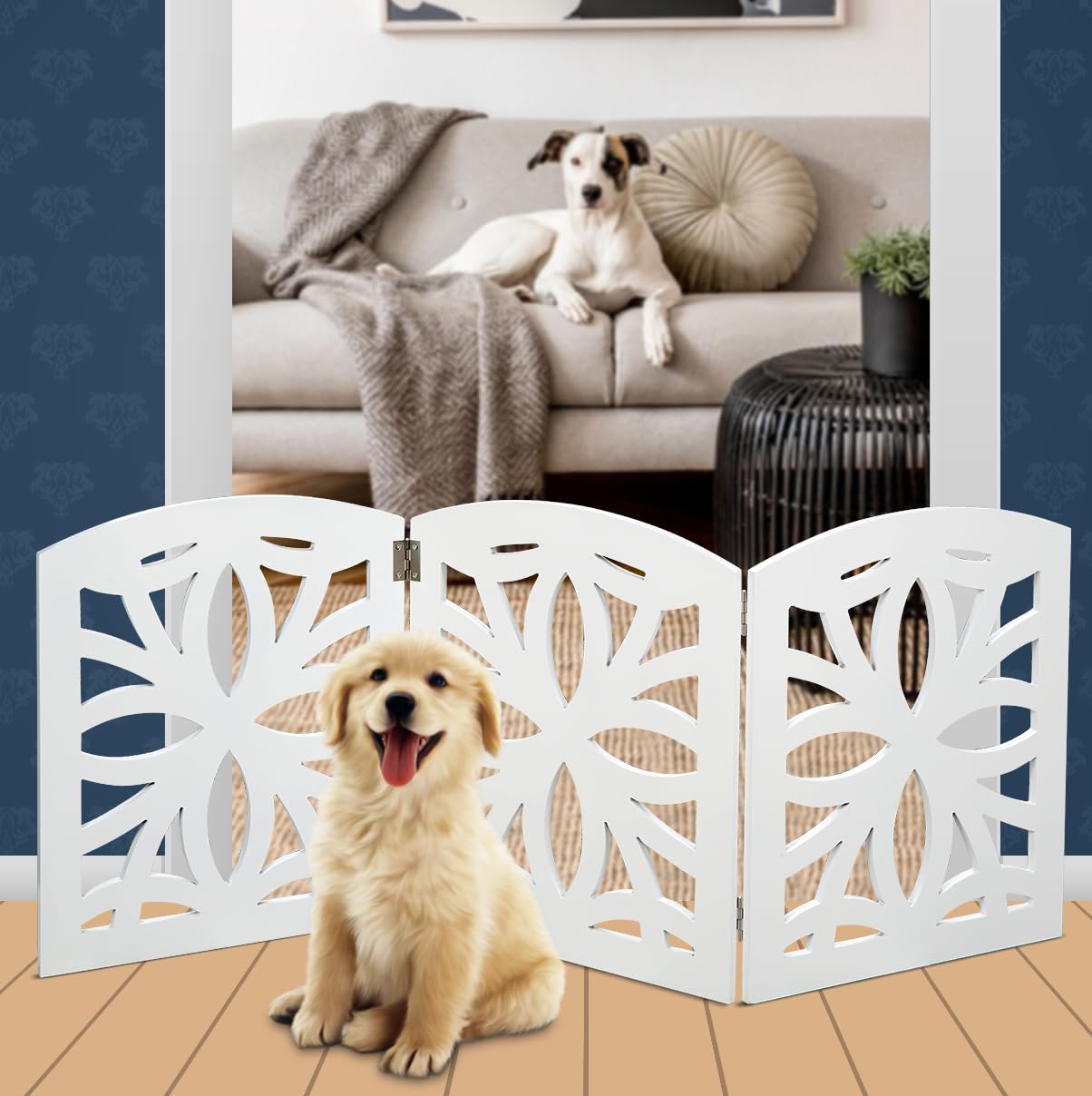 Bundaloo Freestanding Dog Gate Expandable Decorative Wooden Fence for Small to Medium Pet Dogs, Barrier for Stairs, Doorways, & Hallways