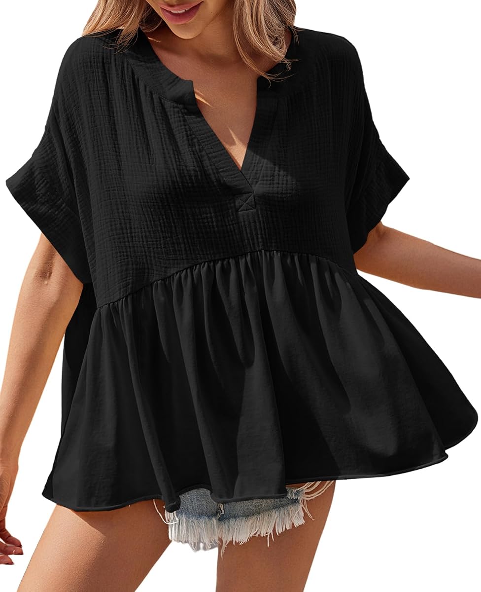 Tankaneo Womens Peplum Babydoll Tops Summer Short Sleeve Pleated Flowy Shirts Casual Loose Fit V Neck Cute Blouse