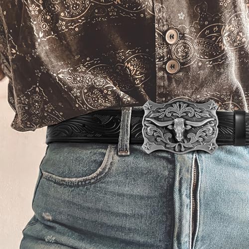 SANSTHS Cowboy Belt Western Belts for Men Women, Western Leather Belt Cowboy Cowgirl Belt Embossed Leather Belt for Jeans4