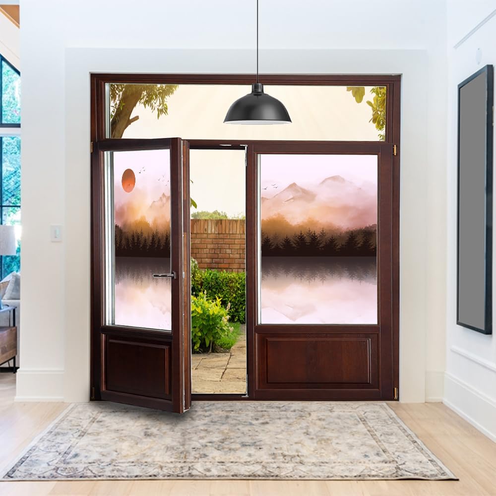 Brebasf Retro Misty Mountain Privacy Blackout Window Film Watercolor Misty Forest Sunset Lake Birds Tree Reusable Self Adhesive Insulated Window Stickers-35.4W x78.7L in x2Pcs