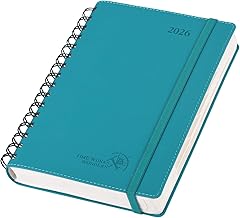 POPRUN 2026 Day Per Page Spiral A5 21.5 x 14.5 cm Daily Planner with Soft Cover One, 12 Months, Elastic Band, 80 GSM EU Paper, Pacific Green