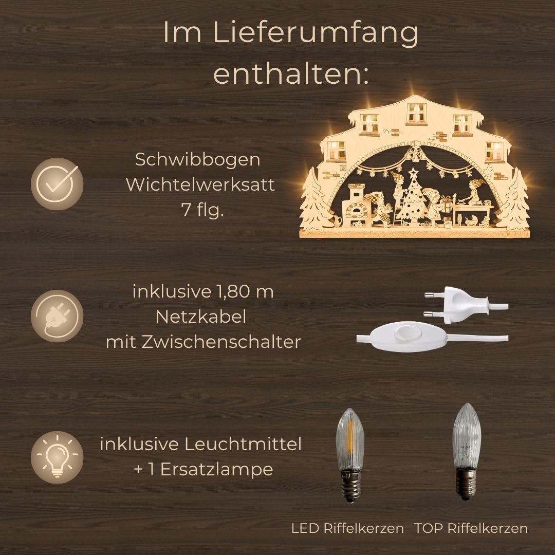 weigla - Schwibbogen original Erzgebirge I Lichterbogen Weihnachten I Motiv Wichtelwerkstatt I 7 Lampenkerzen + 1 Ersatzlampe I 7 x 34 V, 3 W, E10 I beleuchtete Weihnachtsdeko