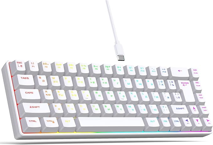 Asixxsix Mechanical Gaming Keyboard, 68 Keys Russian English Dual Language Keyboard Built in Light Effects, RGB Backlit Hot Swappable Mechanical for Computer PC Tablet (White)