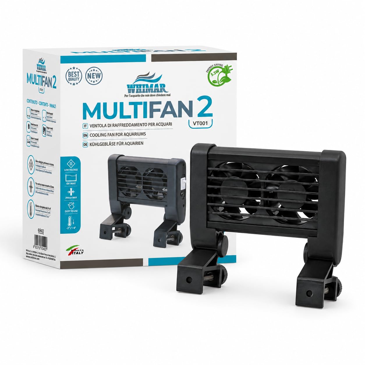 Whimar MultiFan 2 Ventola di Raffreddamento per Acquario, 2 Ventole 12V, Basso Consumo 1,9W, Silenziosa <40 Db, per Acquari 40-80 Litri, Supporto Regolabile per Vetro Fino a 20 mm