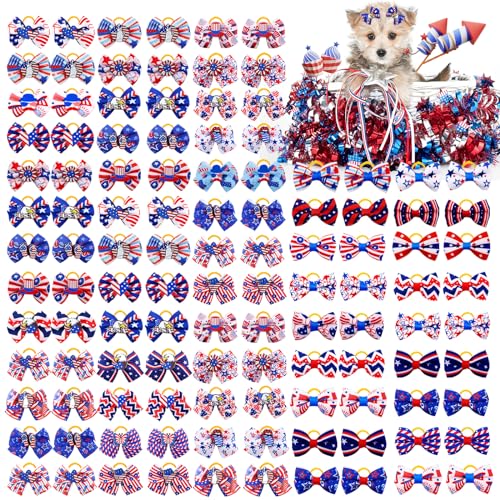 100Pcs/50Pairs Independence Day Dog Bows, Bulk 4th of July Dog Bows with Rubber Bands, Holiday American Flag Pattern Patriotic Small Dog Hair Bows, Dog Grooming Bows for Cute Pet Dog Hair Accessories