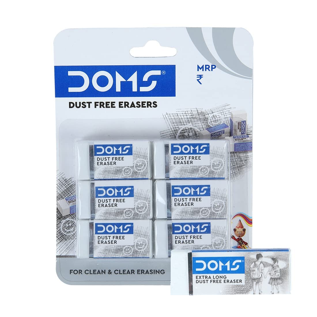 DomsDust Free Eraser Blister Pack 6 Pcs