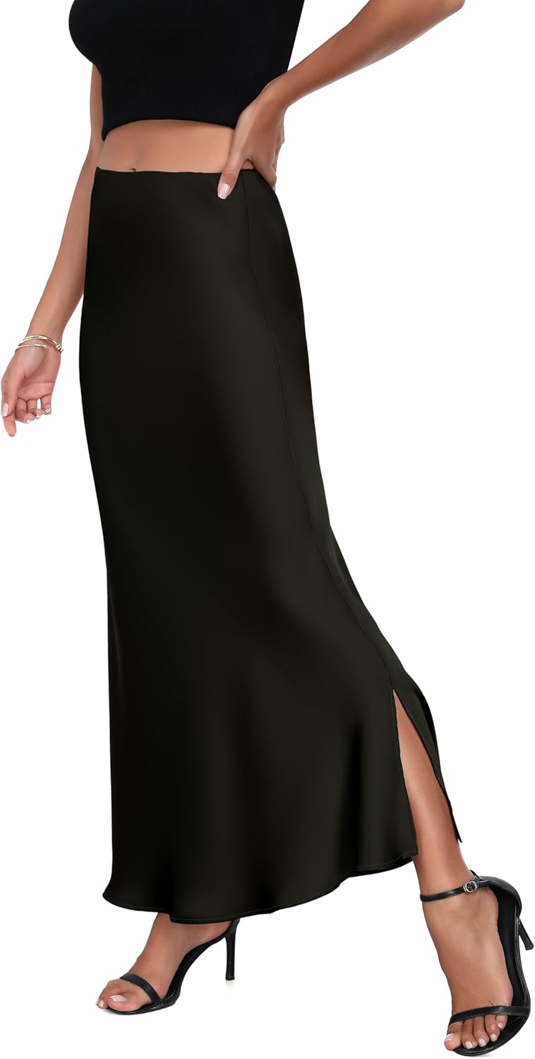 Women's Satin Silky Midi Skirt Side Slit high Waist Elastic Waistband A line Long Flowy Skirts for Women Formal Wear