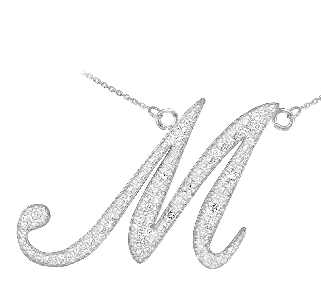 Initial PendantsDouble-Mounted 14k White Gold Diamond Script Initial Letter M Pendant Necklace