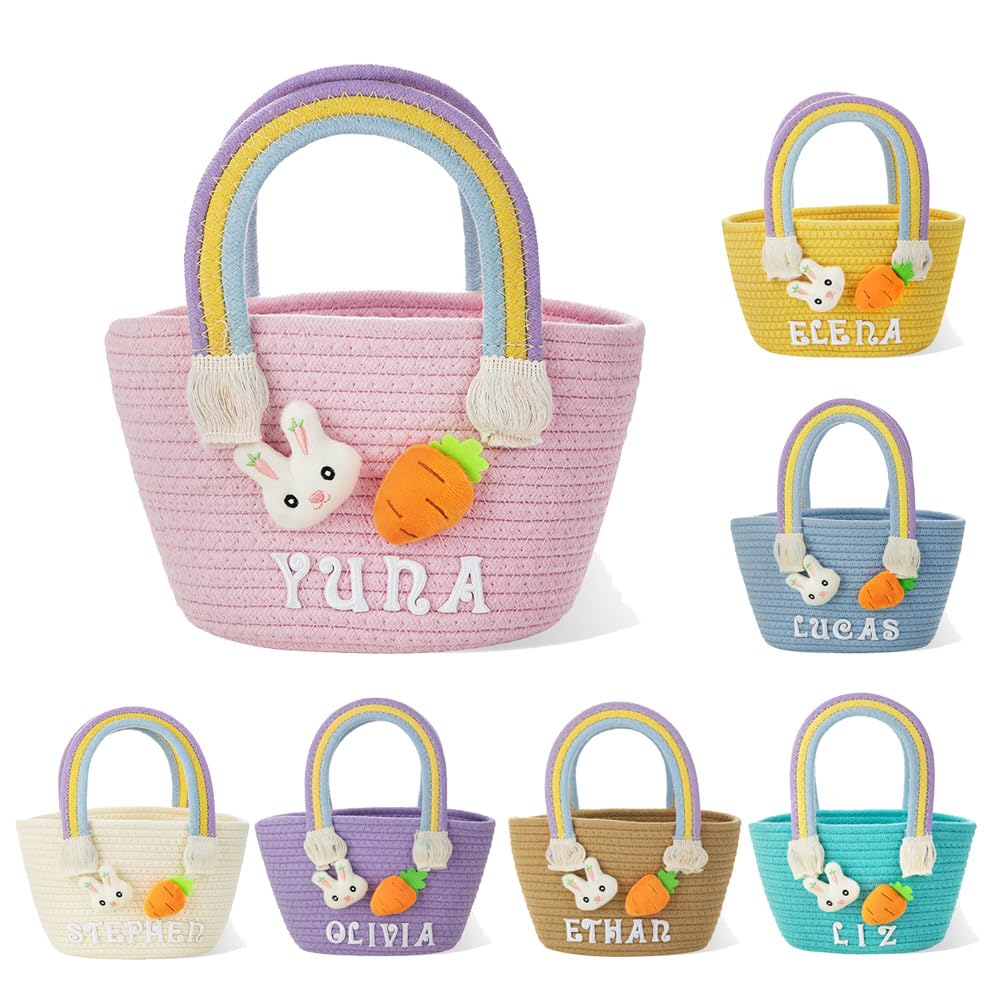 GSTFY Personalised Name Easter Basket Cotton Customise Bunny Baskets with Rainbow Handle Rabbit Carrot Egg Hunt Bucket Bags Easter Party Decorations Gifts for Kids Daughter Son