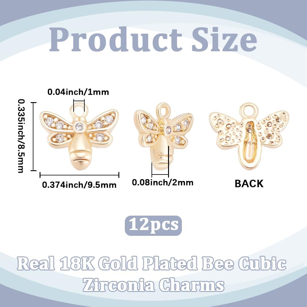 Beebeecraft 1 Box 12Pcs Honeybee Charms 18K Gold Plated Brass Cubic Zirconia Small Bee Charm for Jewelry Making Earring Bracelet Necklace DIY Crafts - Image 2