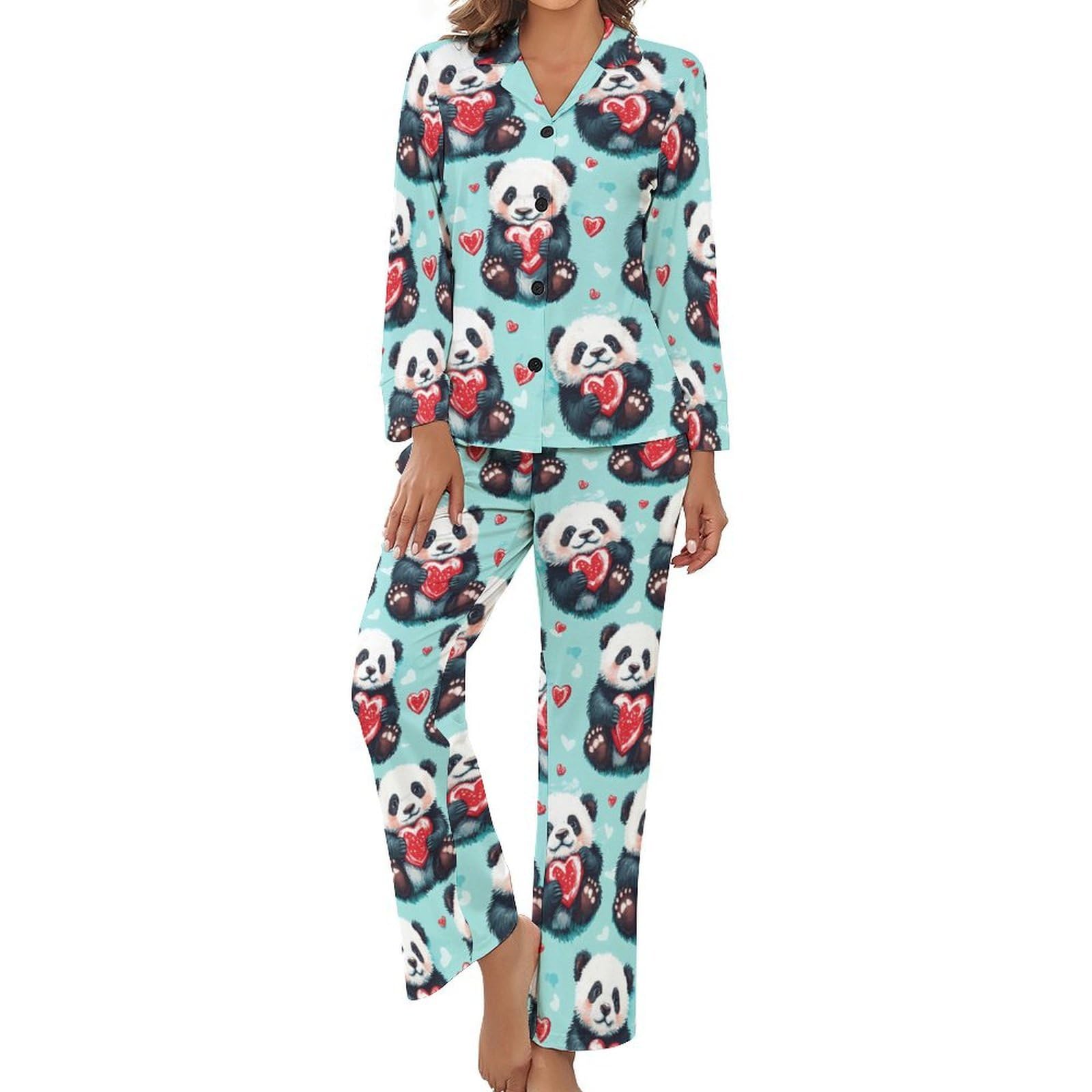 Cute Pandas Hearts - Conjunto de pijama para mujer, cuello en V, manga larga, pantalones y pantalones cómodos, ropa de dormir suave