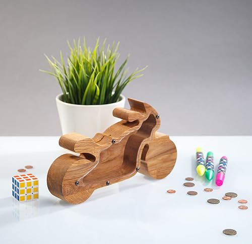 Miniatura 6 de Hucha de madera para motocicleta, bicicleta de madera Montessori, para adultos, niños, niñas, banco de monedas, regalo inspirador, caja de dinero