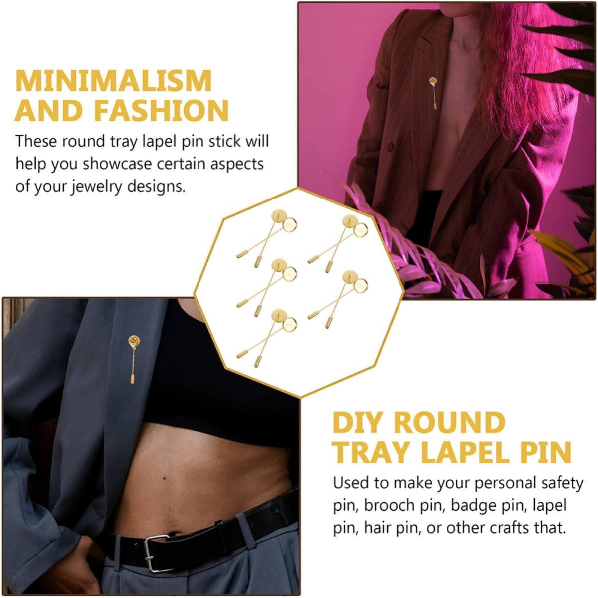 Mikinona 20 Pcs Metal Brooch Pin Backs with Long Safety Pin for Brooch Making and Crafts Golden Color Tray Accessories