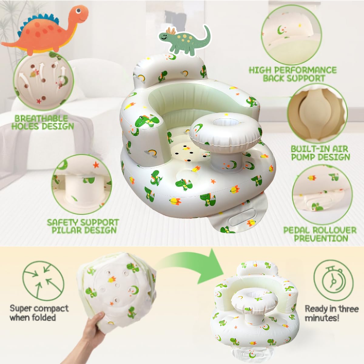 Baby Inflatable Seat for Babies 4-24 Months Built in Air Pump Infant Back Support Sofa Toddler Chair for Sitting Up Baby Shower Chair Outdoor Seat Floor Seater Gifts (Tray Planet Dinosaur) - Image 3