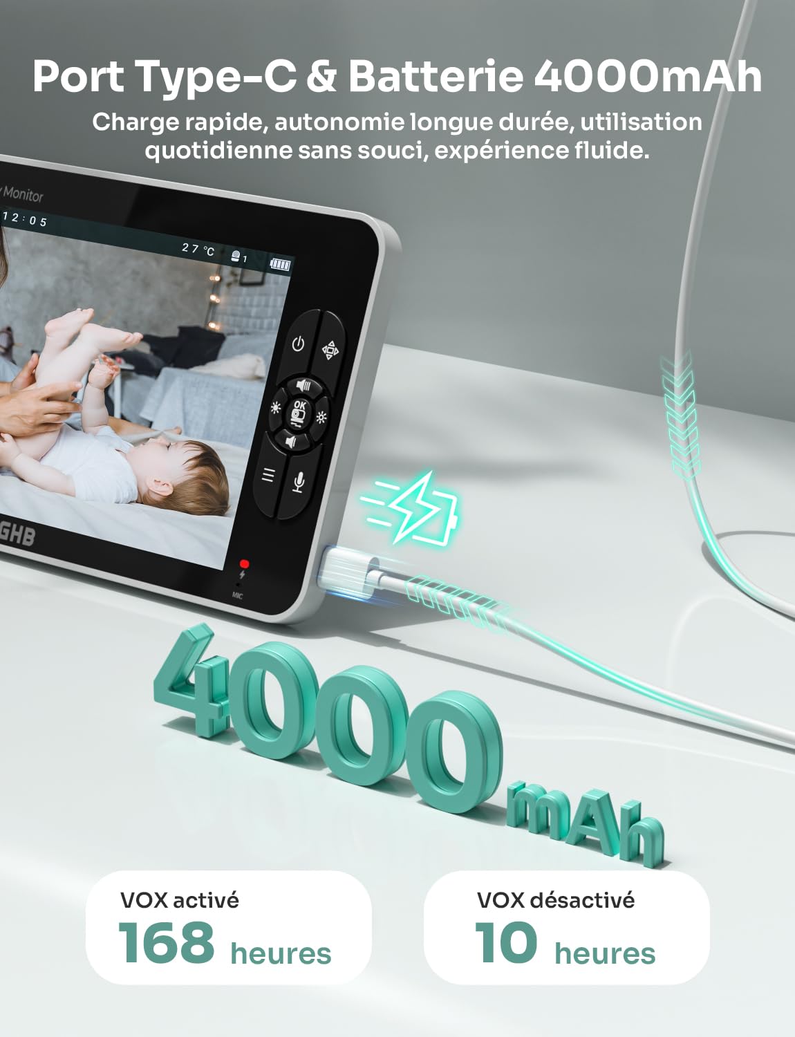 GHB Babyphone Cémera 7" 1080P Caméra Bebe Surveillance 350° Rotation Écran IPS HD Mode VOX 168H Autonomie de la Batterie Audio Bidirectionnel Alerte de Température 8 Berceuses