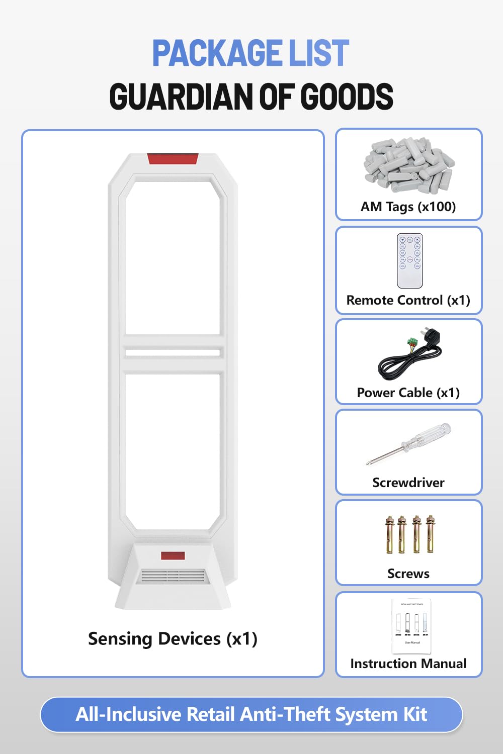 Portique Antivol AM 58kHz, Antenne de Sécurité Magasin avec Détection Fiable et Alarme Sonore et Lumineuse, Blanc, Kit avec 100 Étiquettes Antivol pour Petits Commerces