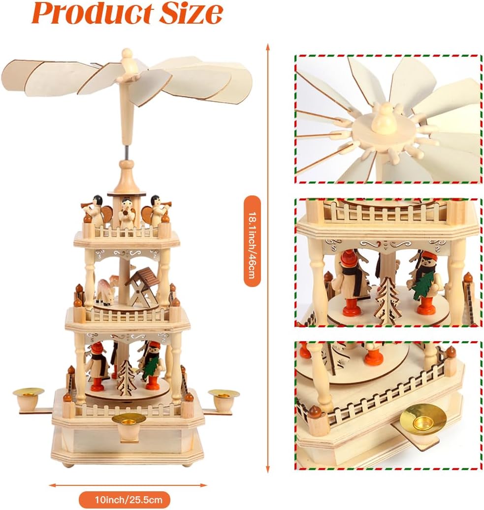 Rotating Christmas Pyramids with 4 Candler Holders-18 Inches-3 Tiers Carousel-Wood Nativity Scene Set