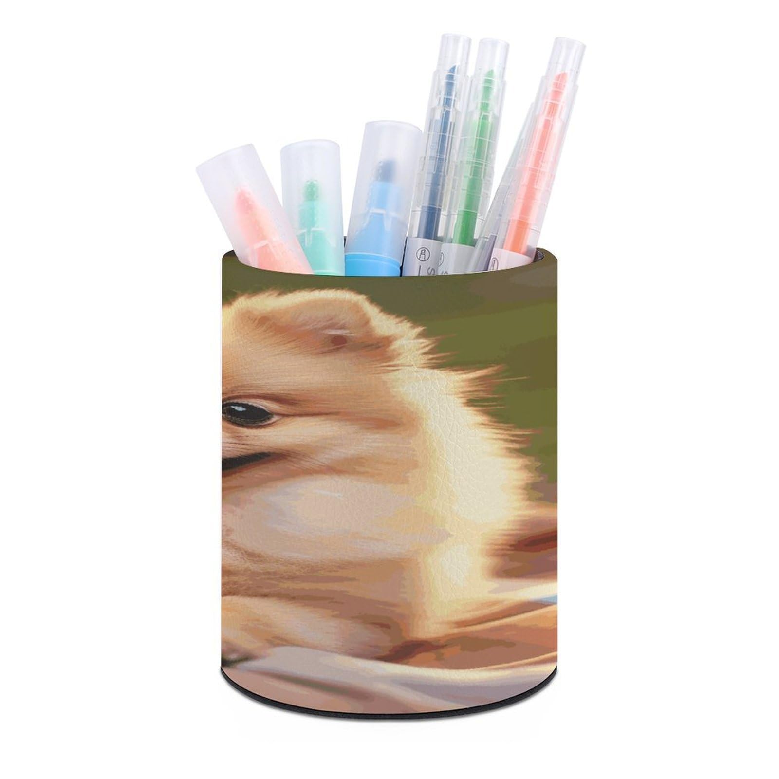 LDGSUPH Short-haired Pomeranian Round Pen Holder Leather Pen Cup Pencil Cup Pen Organizer Pencil Holder for Desk Organizer Pencil Organizers Makeup Brush Holders for Home Office Gift