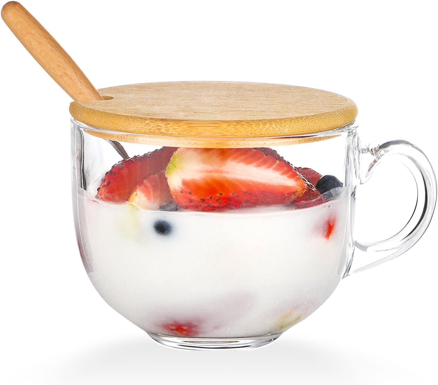 WHJY Clear Glass Cup with Lid for Hot Beverages Oatmeal Soup Cup with Lid and Spoon, Microwavable Cup, 16 oz / 470 ml