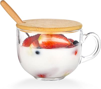 WHJY Clear Glass Cup with Lid for Hot Beverages Oatmeal Soup Cup with Lid and Spoon, Microwavable Cup, 16 oz / 470 ml