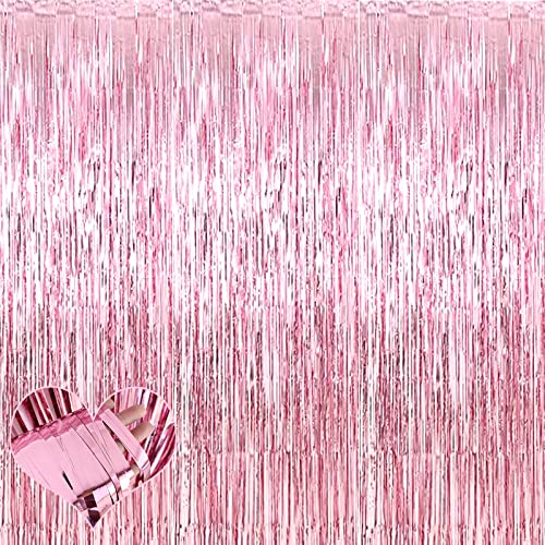Image of 4 Pack Pink Fringe Curtain Backdrop, 3.2Ft x 6.6Ft Metallic Tinsel Foil Fringe Streamers Background for Photo Booth Birthday Wedding Baby Shower Carnival Easter Mother's Day Party Decorations