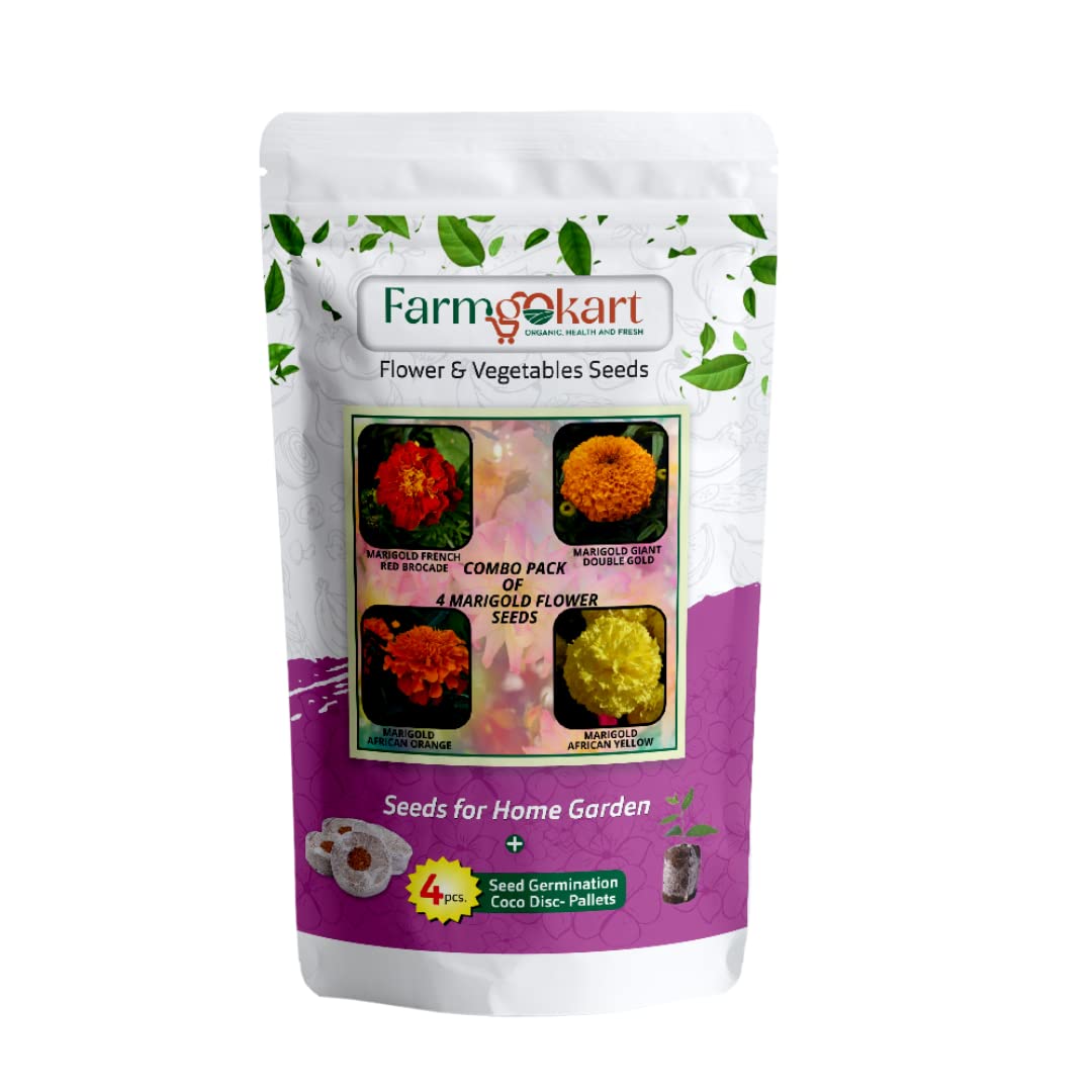 Farmgokart | Pack of 4 Variety of All Season Flower Seeds | MARIGOLD FLOWER SEEDS - FRENCH RED, GIANT DOUBLE, AFRICAN ORANGE, AFRICAN YELLOW | With 4 Coco Disc - (FC-04) (B09RJYD2TZ) Amazon Price History, Amazon Price Tracker