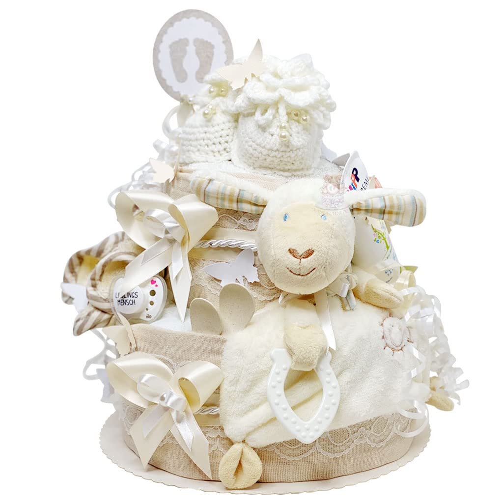 MomsStory Gâteau de Couches Neutre Mouton 2 Étages Beige Cadeau Naissance Baby Shower
