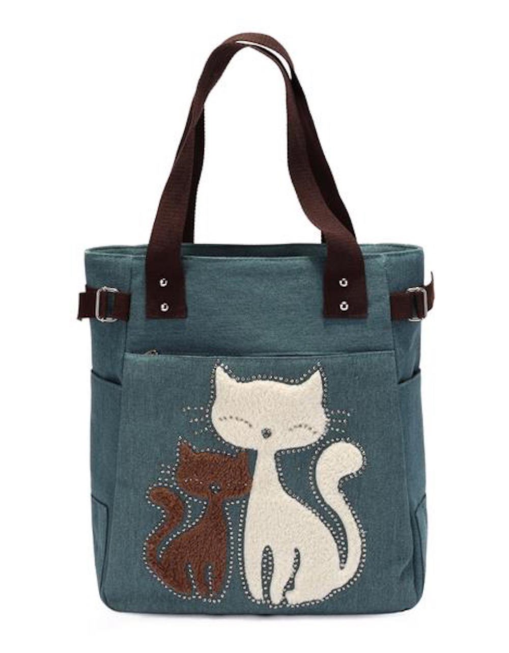 ShopINess Bolso Tote de Lona con Gatos Bordados Múltiples bolsillos Cremallera Práctico Bolso de Hombro Mujer (Verde)