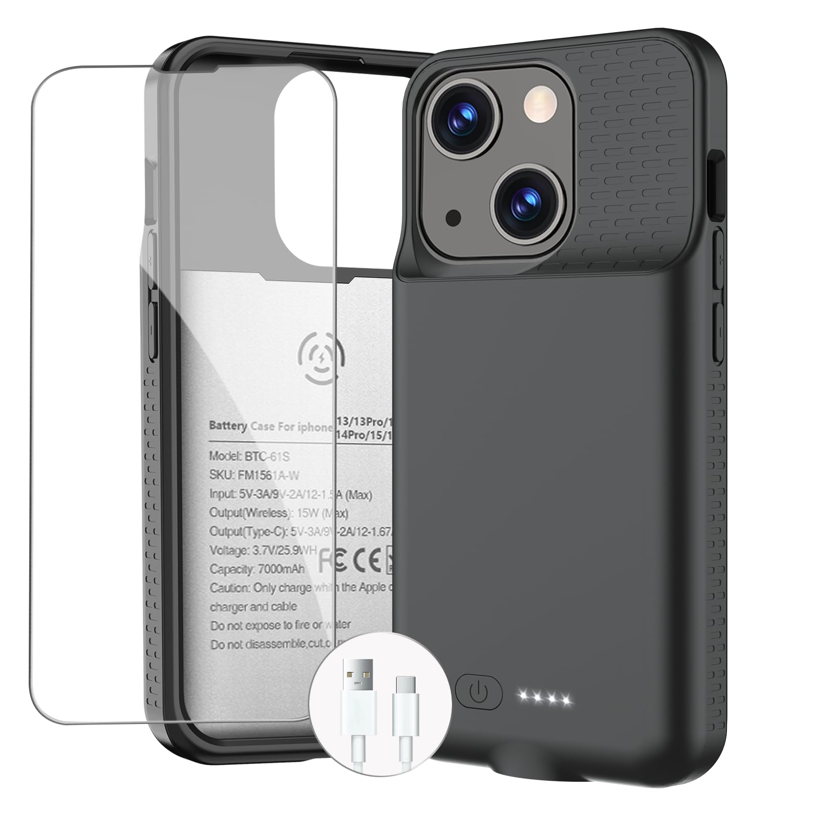 Battery Case for iPhone 13/13 Pro/14/14 Pro/15/15 Pro, Ultra-Slim Wireless Fast Charging Case Extend Rechargeable Anti-Fall Soft-TPU Charger Case for iPhone 13/13 Pro/14/14 Pro/15/15 Pro 6.1"