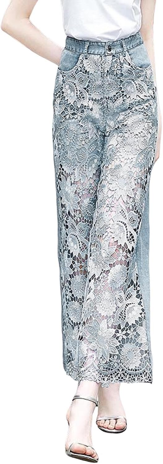 Women's Lace Patchwork Hollow Jeans, High Waisted Casual Vintage Baggy Straight Wide Leg Denim Pants - Image 3