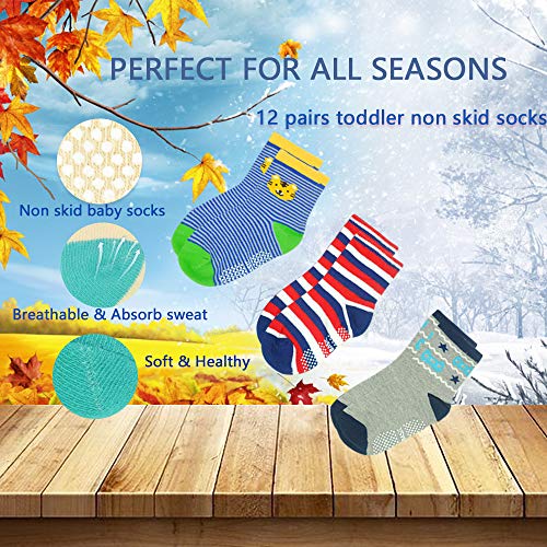 Image of Tphon 12 Pairs Toddler Non Skid Socks with Grips Anti Slip Bottom, Cotton Non Slip Ankle Crew Socks for Boys, Girls, Kids(1-7Years)
