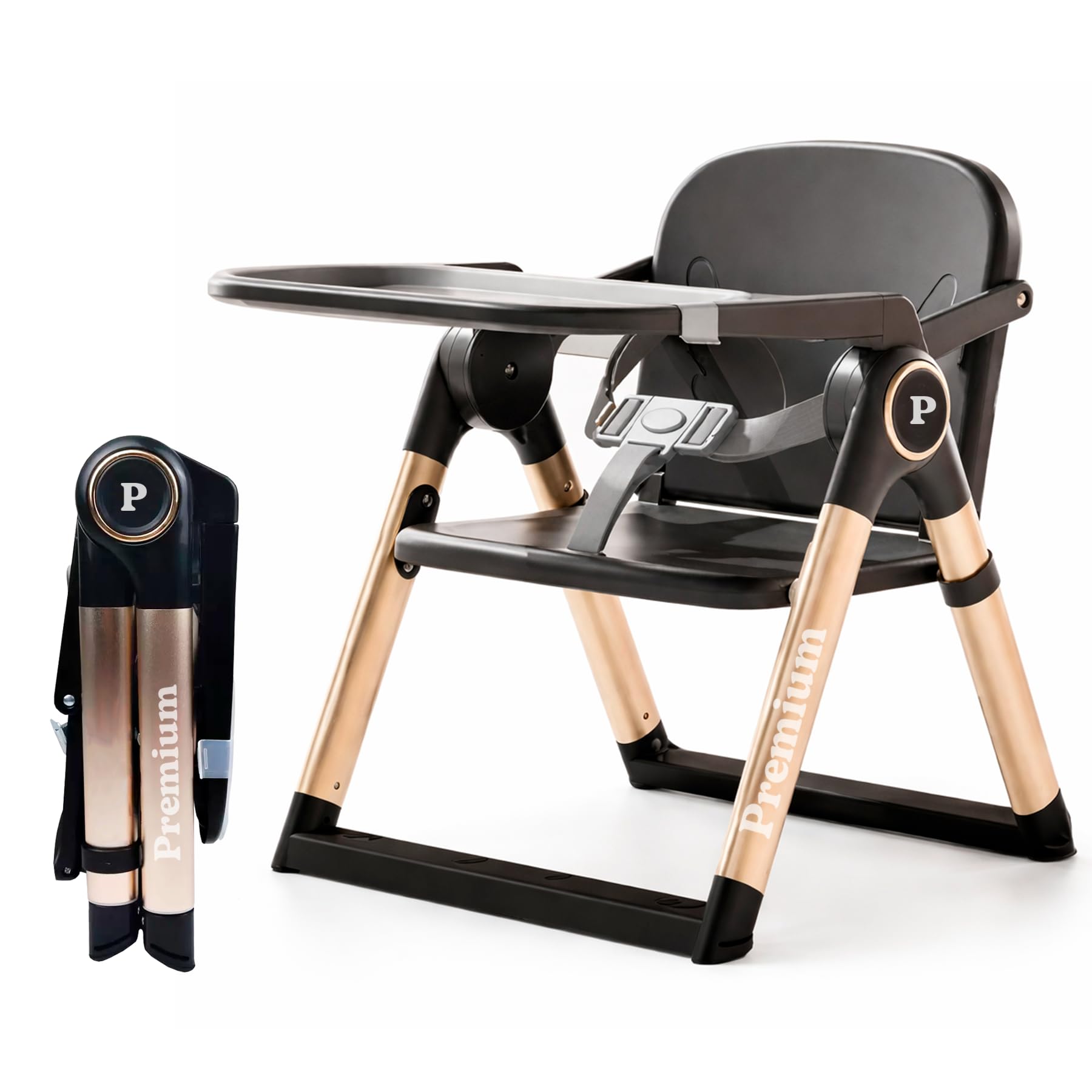 Chaise Haute Bébé Pliable Compacte 2 en 1, Rehausseur Bébé Portable avec Sangles, 4 Hauteurs Réglables, Plateau Amovible, Gain de Place, Sac de Transport, 6-36 Mois jusqu’à 15 kg (Noir Doré)