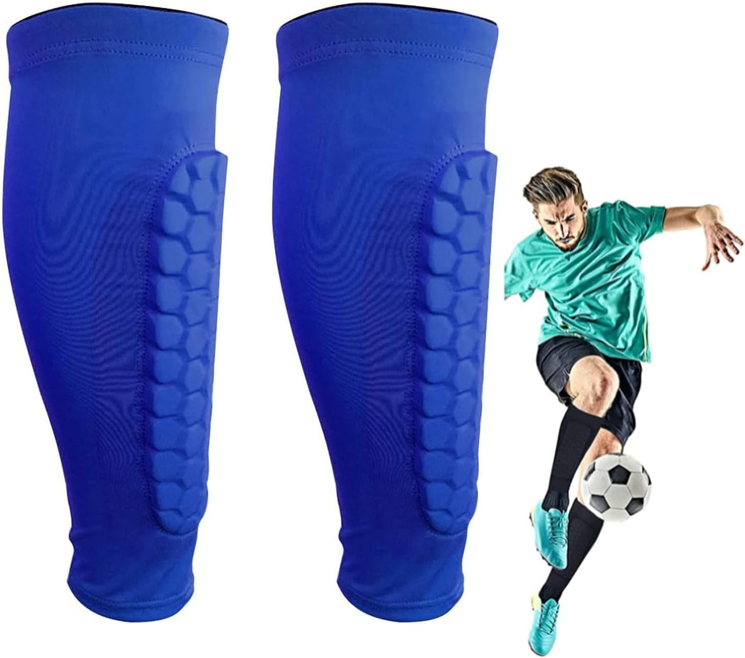 โ TERRIFI Football Shin Guards, Soccer Football Shin Guard Socks with Foam, Calf Protective Gear Soccer Equipment for Football Games Beginner Running Jogging Fitness Cycling (Blue)