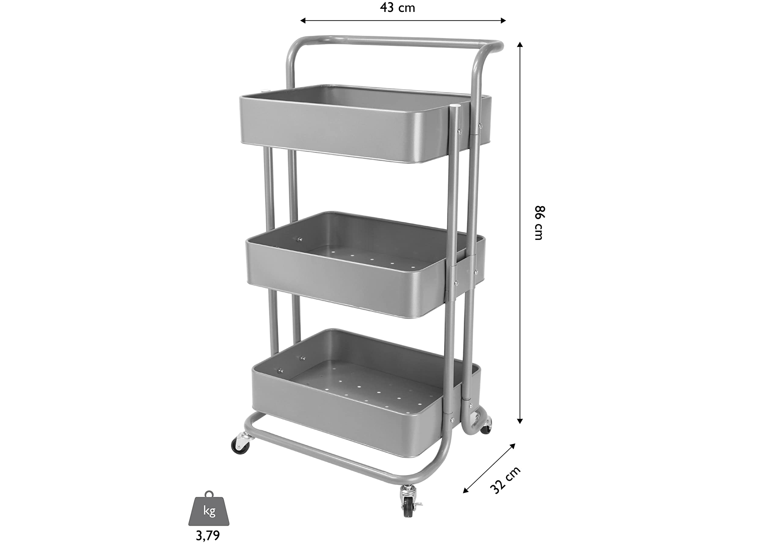 ECHTWERK Carro de Servicio móvil para Cocina/baño/Oficina con 3 Niveles, Carro de Cocina con cajones, Carro de Herramientas, Carro de artesanía, con asa de Empuje, Silver-Edition, 43 x 32 x 86 cm