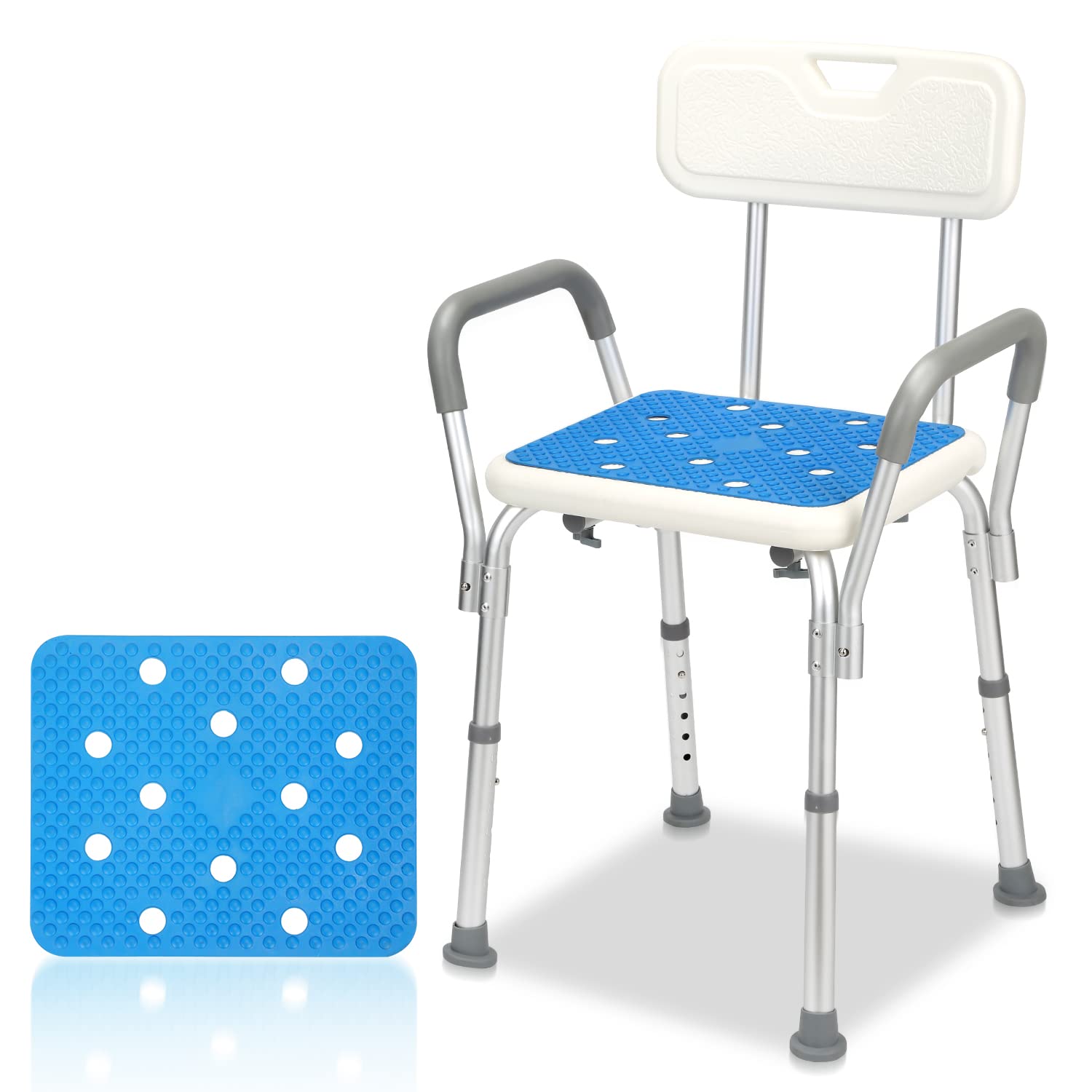 Taboret prysznicowy dla seniorów, krzesło prysznicowe z podłokietnikami i oparciem, regulowana wysokość siedziska 41-53,5 cm, taboret łazienkowy, antypoślizgowy taboret prysznicowy