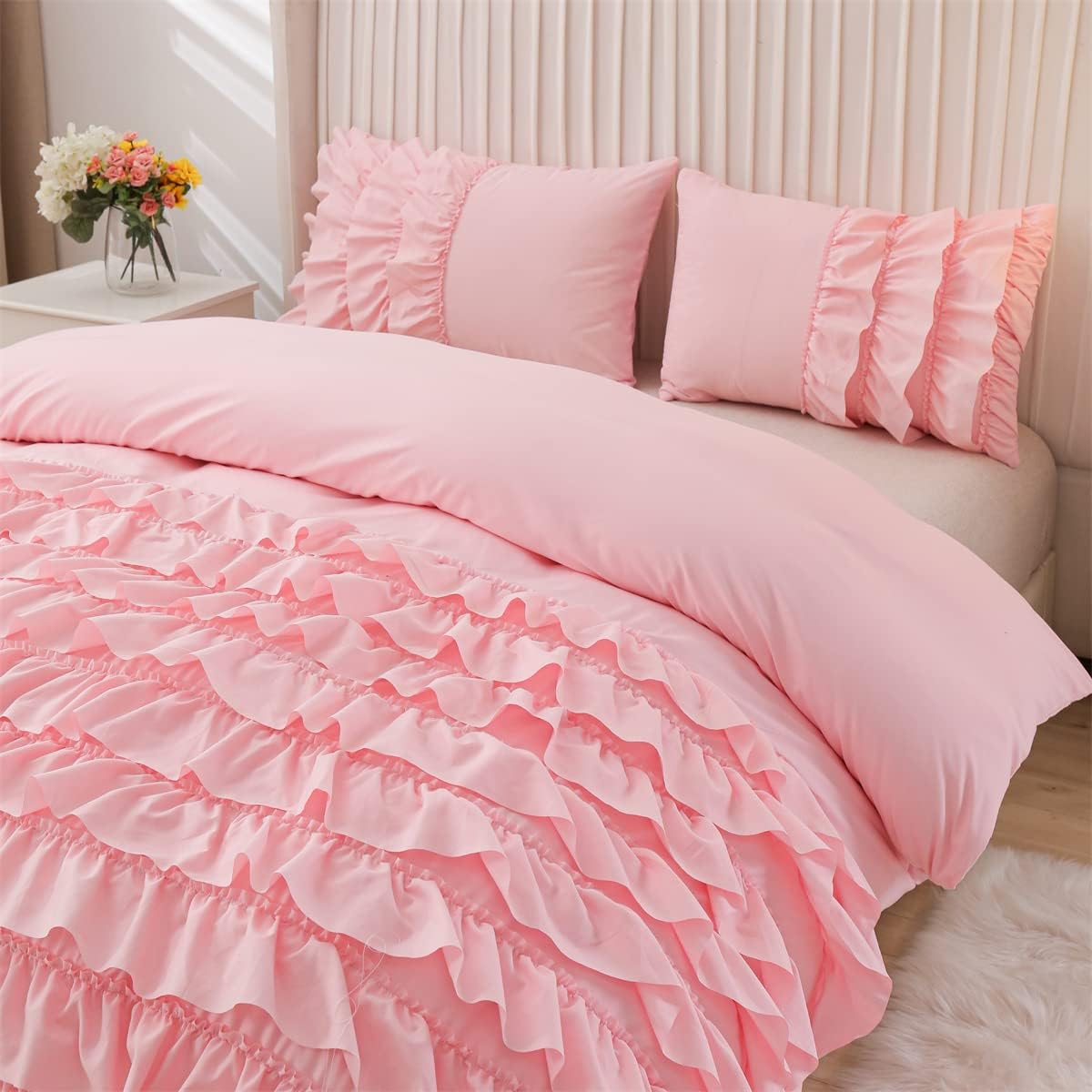 Holawakaka Pink Waterfall Ruffle Comforter Set Full Size Multi-Layers Ruffled Shabby Chic 3PCS Bedding Set for Girls Women - Image 3