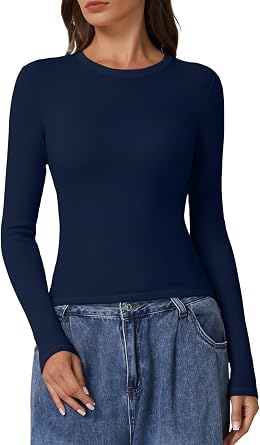 QINSEN Long Sleeve Shirts for Women Crewneck Rib Knit Slim Fit Going Out Tops Casual Basic Tee